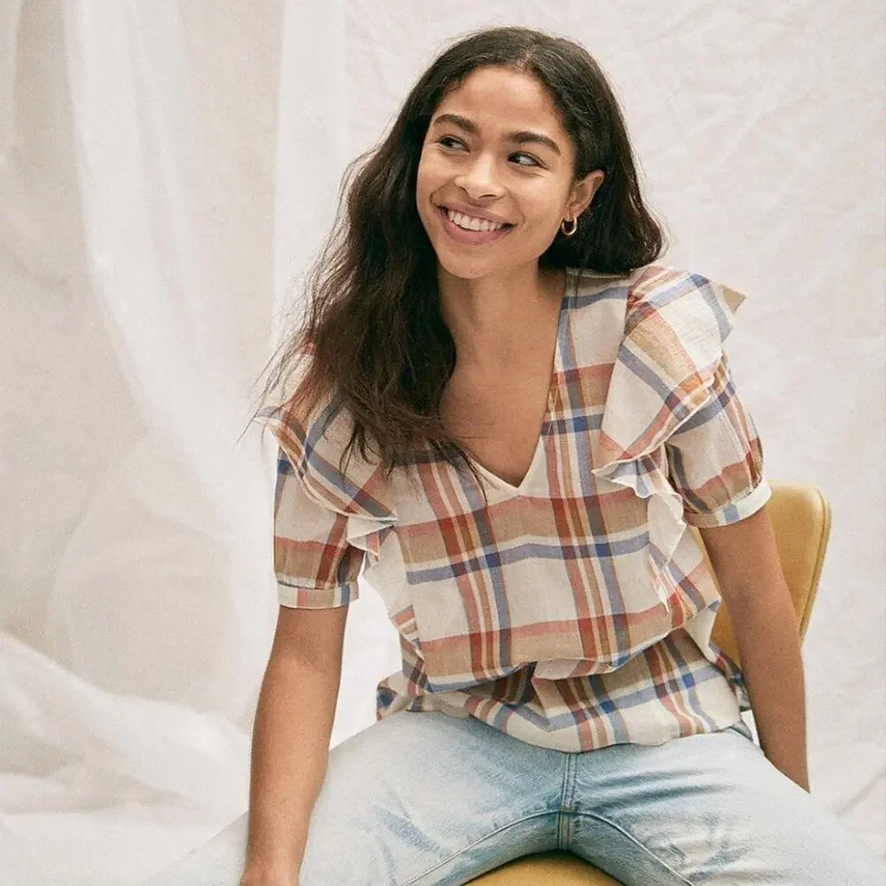 Madewell V-Neck Shoulder-Ruffle Top in Plaid